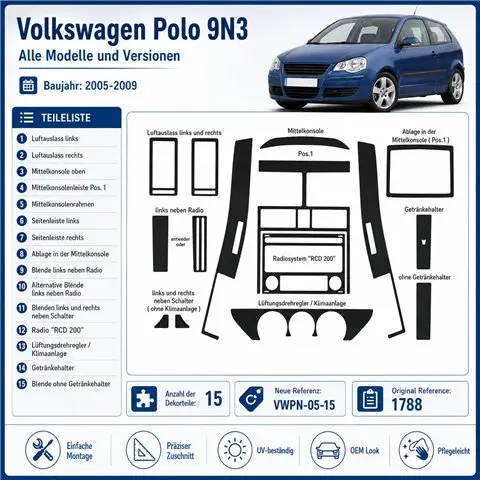 Volkswagen Polo 9N3 2005-2009 kit cruscotto 3D, 15 pezzi 2