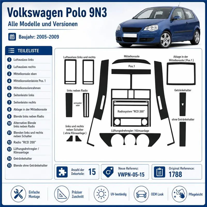 Volkswagen Polo 9N3 2005-2009 kit cruscotto 3D, 15 pezzi