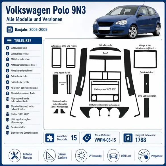 Volkswagen Polo 9N3 2005-2009 kit cruscotto 3D, 15 pezzi