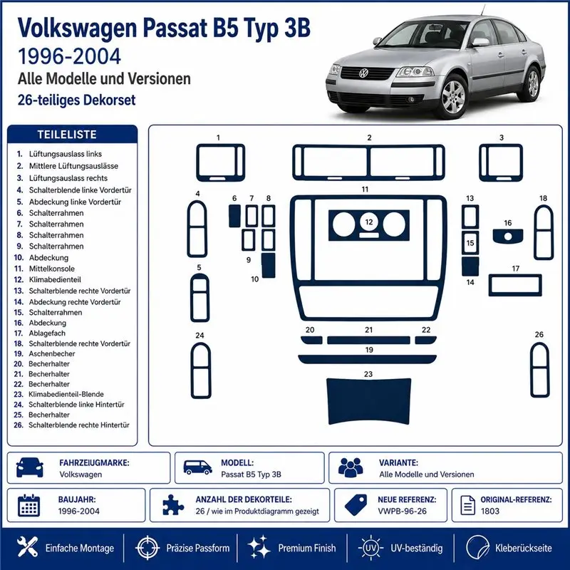 Volkswagen Passat B5 Typ 3B 1996-2004 kit cruscotto 3D, 26 pezzi