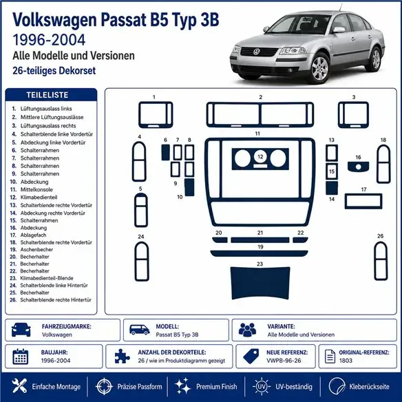 Volkswagen Passat B5 Typ 3B 1996-2004 kit cruscotto 3D, 26 pezzi