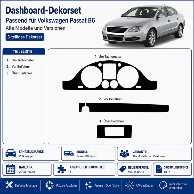 Volkswagen Passat B6 Tacho 2005+ 2010+ kit cruscotto 3D, 3 pezzi
