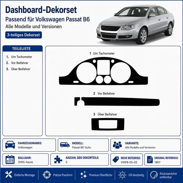 Volkswagen Passat B6 Tacho 2005+ 2010+ kit cruscotto 3D, 3 pezzi