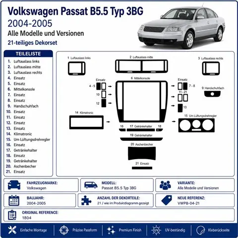 Volkswagen Passat B5.5 Typ 3BG 2004-2005 kit cruscotto 3D, 21 pezzi 2
