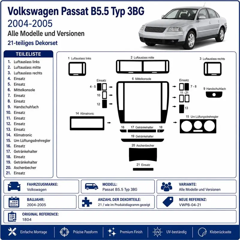 Volkswagen Passat B5.5 Typ 3BG 2004-2005 kit cruscotto 3D, 21 pezzi