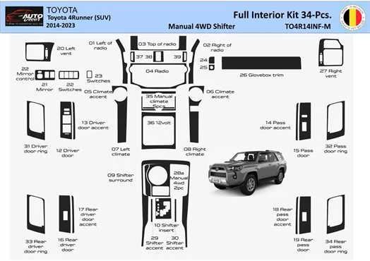 Toyota 4Runner 2014-2023 Kit rivestimento interno completo cruscotto WHZ 34 parti
