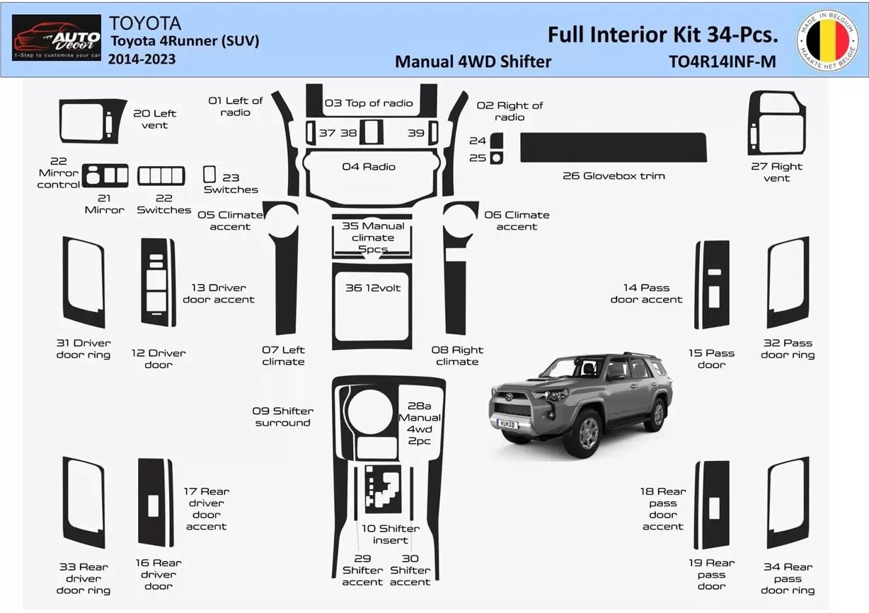 Toyota 4Runner 2014-2023 Kit rivestimento interno completo cruscotto WHZ 34 parti