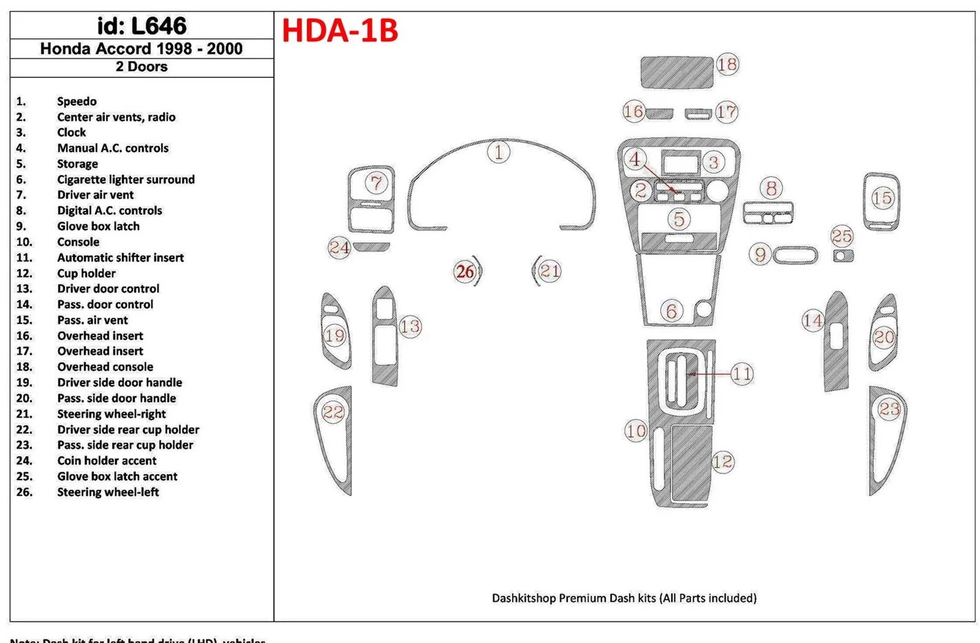 Honda Accord 1998-2000 2 Doors Full Set, 26 Parts set, Cruscotto BD Rivestimenti interni
