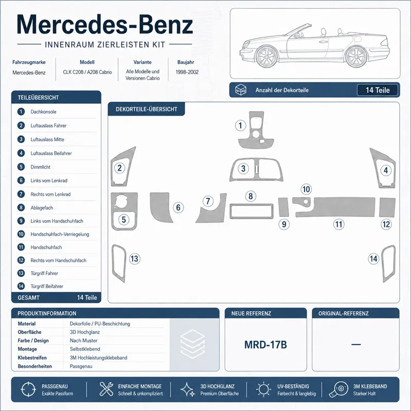 Mercedes Benz CLK 1998-2002 set completo, tetto pieghevole cabrio kit cruscotto 3D