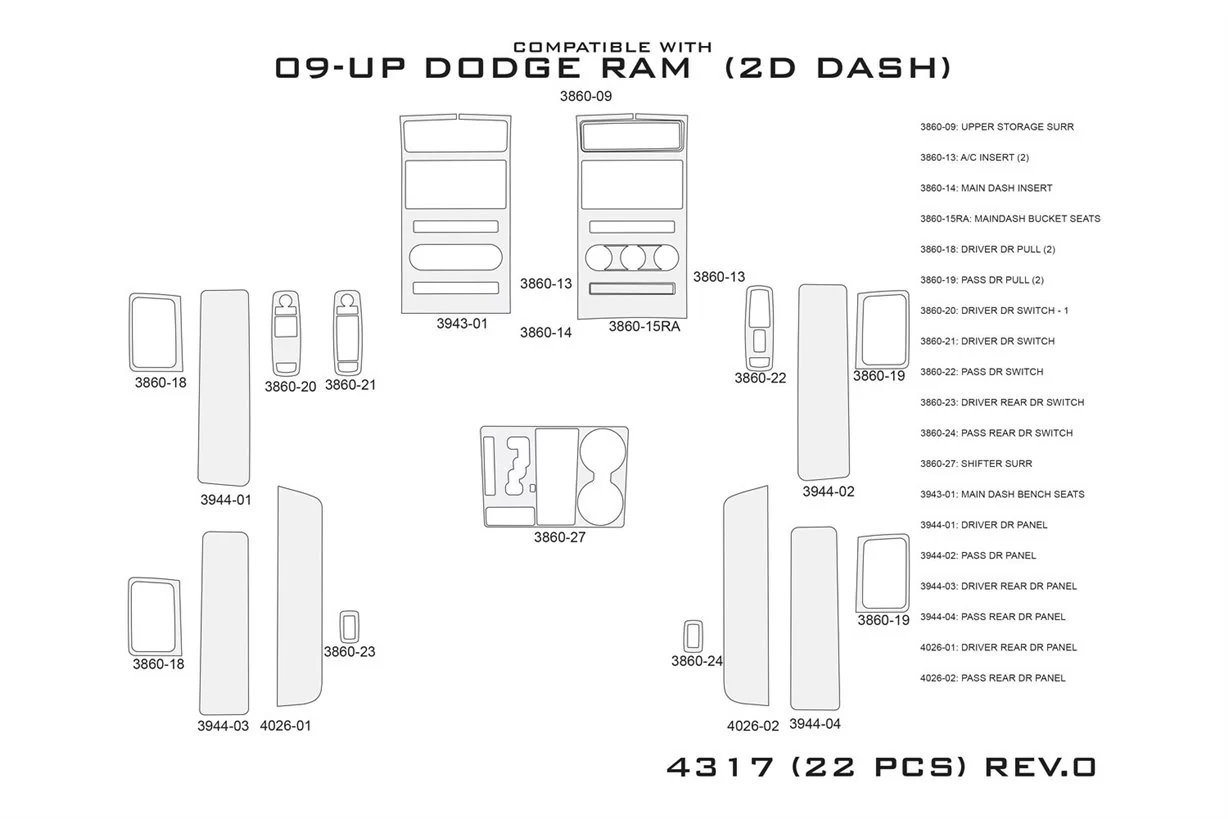 Dodge Ram 1500 2009-2012 Mascherine sagomate per rivestimento cruscotti 22 Decori