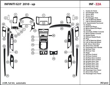 Infiniti G37x Sedan 2009-2009 Full Set, Automatic Gear, Without NAVI Mascherine sagomate per rivestimento cruscotti 