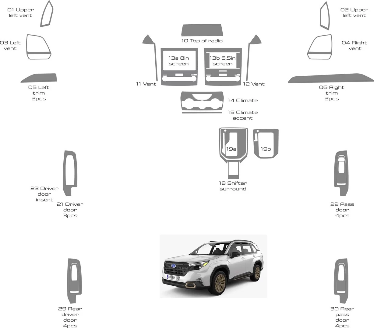 Subaru Forester 2019-2024 Mascherine sagomate per rivestimento cruscotti 30 Decori