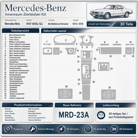 Mercedes-Benz R107 450 SL/SLC 1973-1978 set completo kit rivestimento cruscotto e interni 3D 2