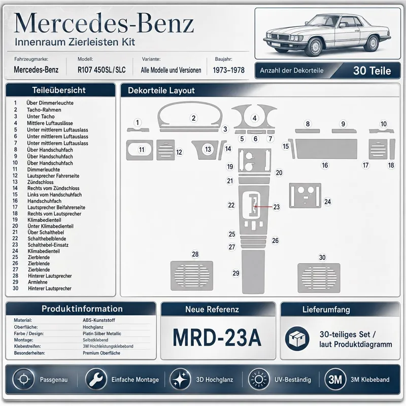 Mercedes Benz R107 450 SL/SLC 1973-1978 set completo kit cruscotto 3D