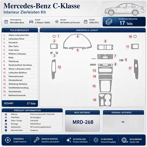 Mercedes-Benz C Class 2008-in poi set completo kit rivestimento cruscotto e interni 3D 2