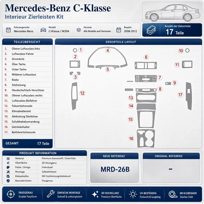 Mercedes Benz C Class 2008+ set completo kit cruscotto 3D