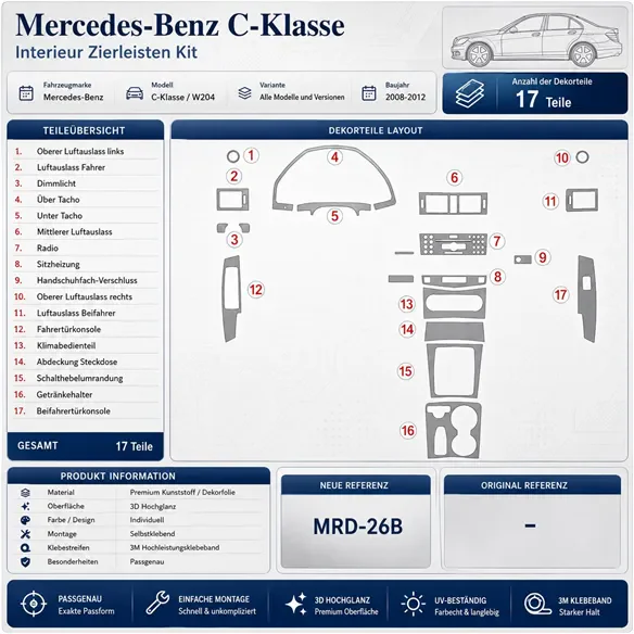 Mercedes Benz C Class 2008+ set completo kit cruscotto 3D