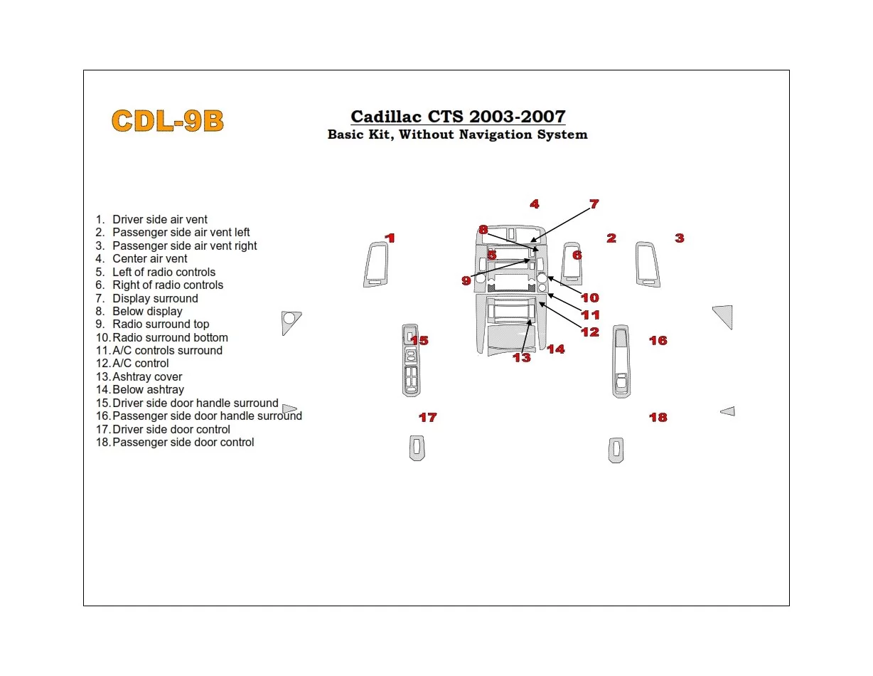 Cadillac CTS 2003-2007 Basic Set, 18 Parts Mascherine sagomate per rivestimento cruscotti 