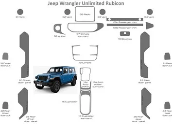 Jeep Wrangler Unlimited Rubicon 2018-2023 Mascherine sagomate per rivestimento cruscotti 25 Decori