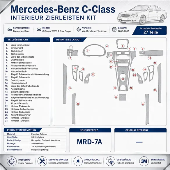 Mercedes Benz C Class 2005-2007 set completo, 2 porte Coupe kit cruscotto 3D