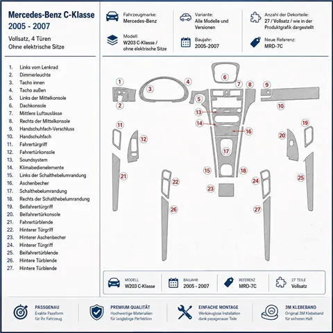 Mercedes Benz W203 C Class 2005-2007 set completo, coupé 4 porte, senza sedili elettrici kit cruscotto 3D