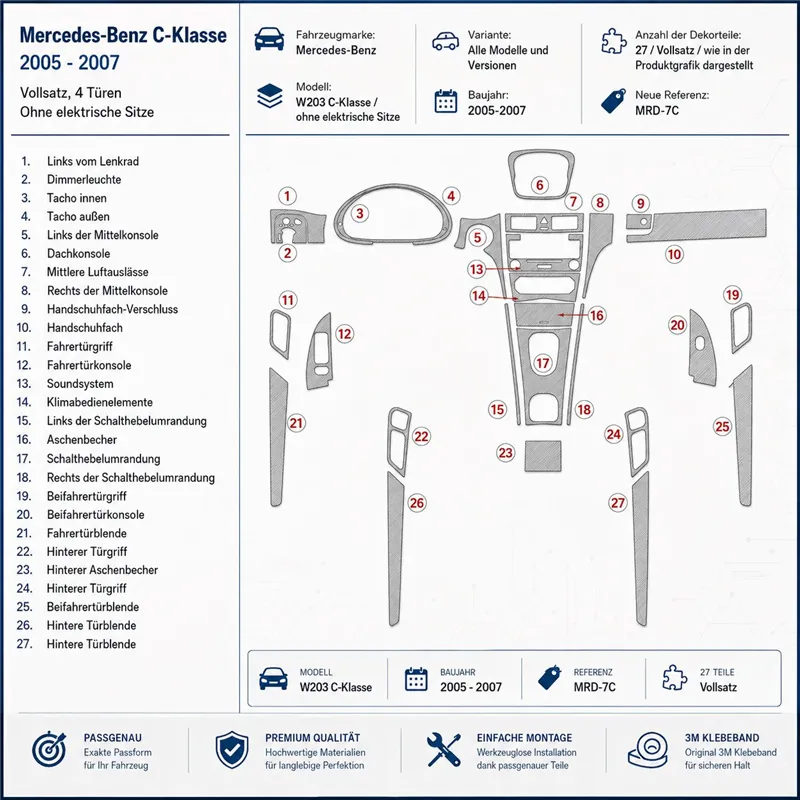 Mercedes Benz W203 C Class 2005-2007 set completo, coupé 4 porte, senza sedili elettrici kit cruscotto 3D