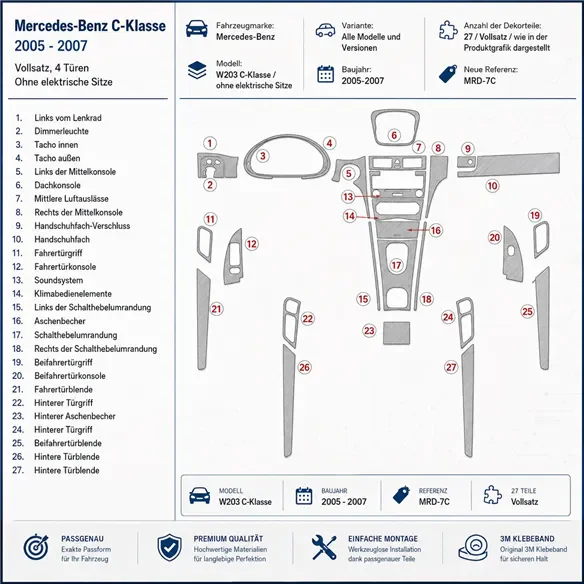 Mercedes Benz W203 C Class 2005-2007 set completo, coupé 4 porte, senza sedili elettrici kit cruscotto 3D