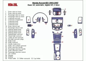 Honda Accord EX 2003-2007 Basic Set, Automatic Gear, Automatic A/C, 2 Doors Cruscotto BD Rivestimenti interni