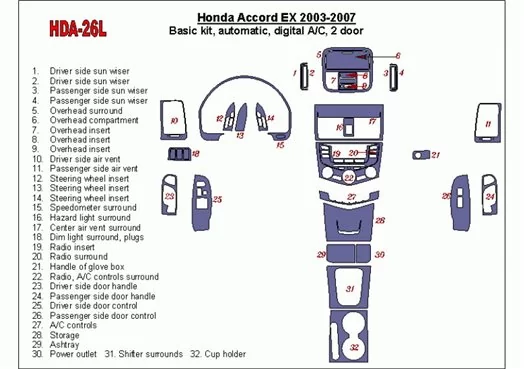 Honda Accord EX 2003-2007 Basic Set, Automatic Gear, Automatic A/C, 2 Doors Cruscotto BD Rivestimenti interni
