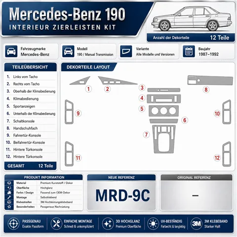 Mercedes-Benz 190 1987-1992 set completo; cambio manuale; con Sport Gauges kit rivestimento cruscotto e interni 3D 2