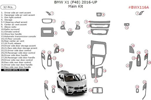 BMW X1 F48 ab 2015 Mascherine sagomate per rivestimento cruscotti 32-Decori BMW X1 F48 ab 2015 Mascherine sagomate per rivestimento cruscotti 32-Decori