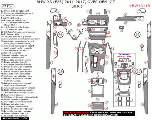BMW X3 F25 2010–2017 Mascherine sagomate per rivestimento cruscotti 67-Decori BMW X3 F25 2010–2017 Mascherine sagomate per rivestimento cruscotti 67-Decori