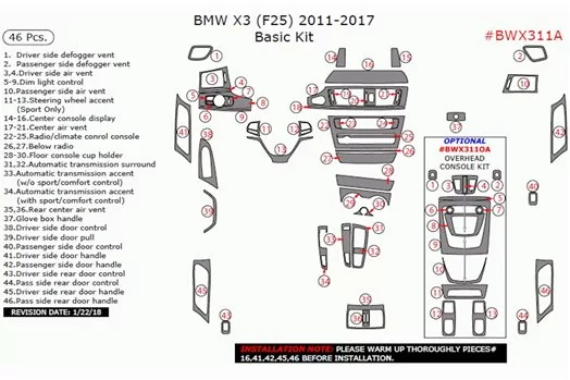 BMW X3 F25 2010–2017 Kit di finiture per cruscotto interno di base 3D Dash Trim Dekor 46 pezzi BMW X3 F25 2010–2017 Kit di finiture per cruscotto interno di base 3D Dash Trim Dekor 46 pezzi