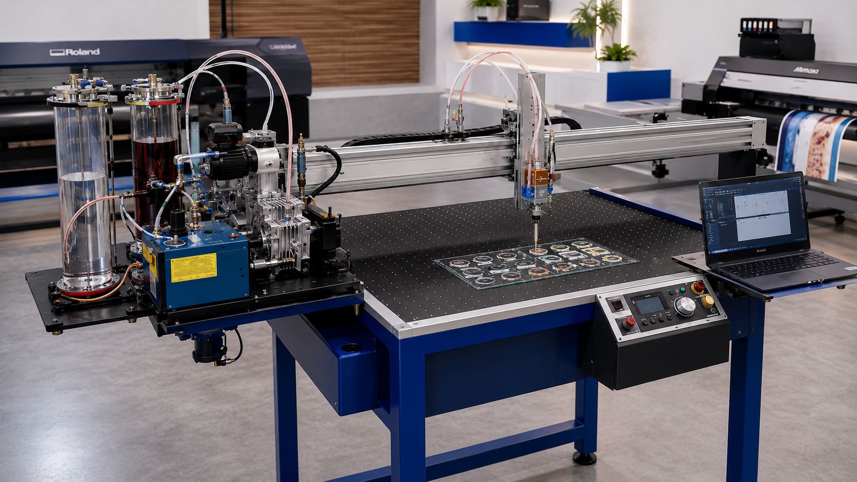 CNC PU doming dispenser with 2K dosing module, vacuum table and robotic dispensing head