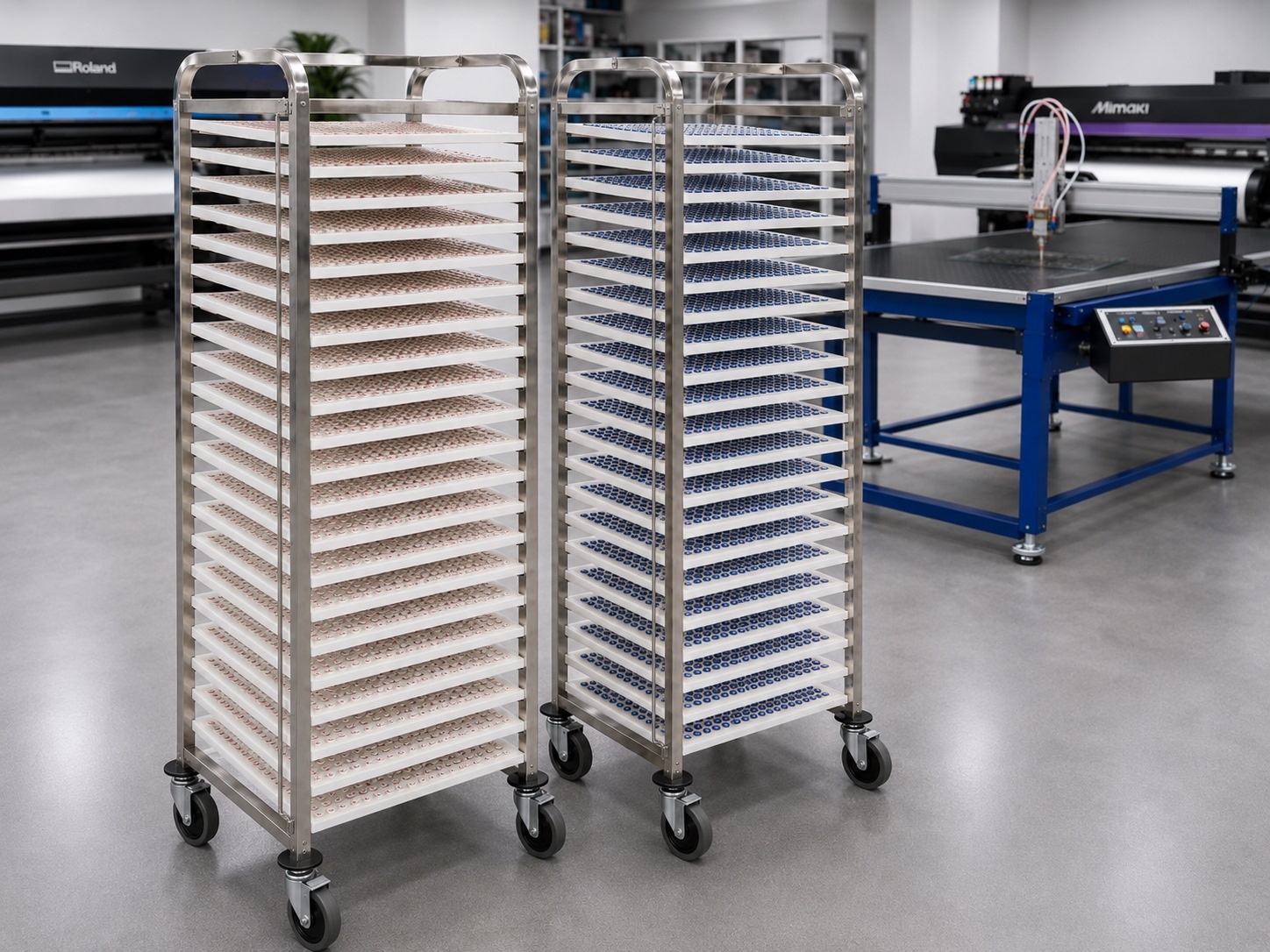 Mobile stainless steel curing racks with white shelves for domed labels