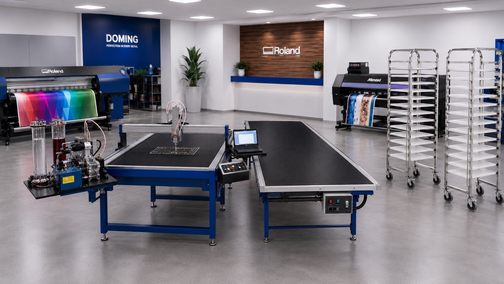 Professional doming equipment with CNC dispenser, vacuum table, curing racks and wide format printers